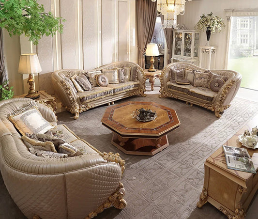 Exclusive Living Room Furniture French Style Home Hotel Baroque Wooden Sectional Luxury Leather Sofa Set