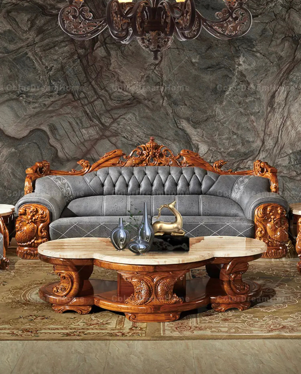 4+2+1 Sofa Ebony Sectional Luxury Grain Leather Furniture Living Room Baroque Sofa Set