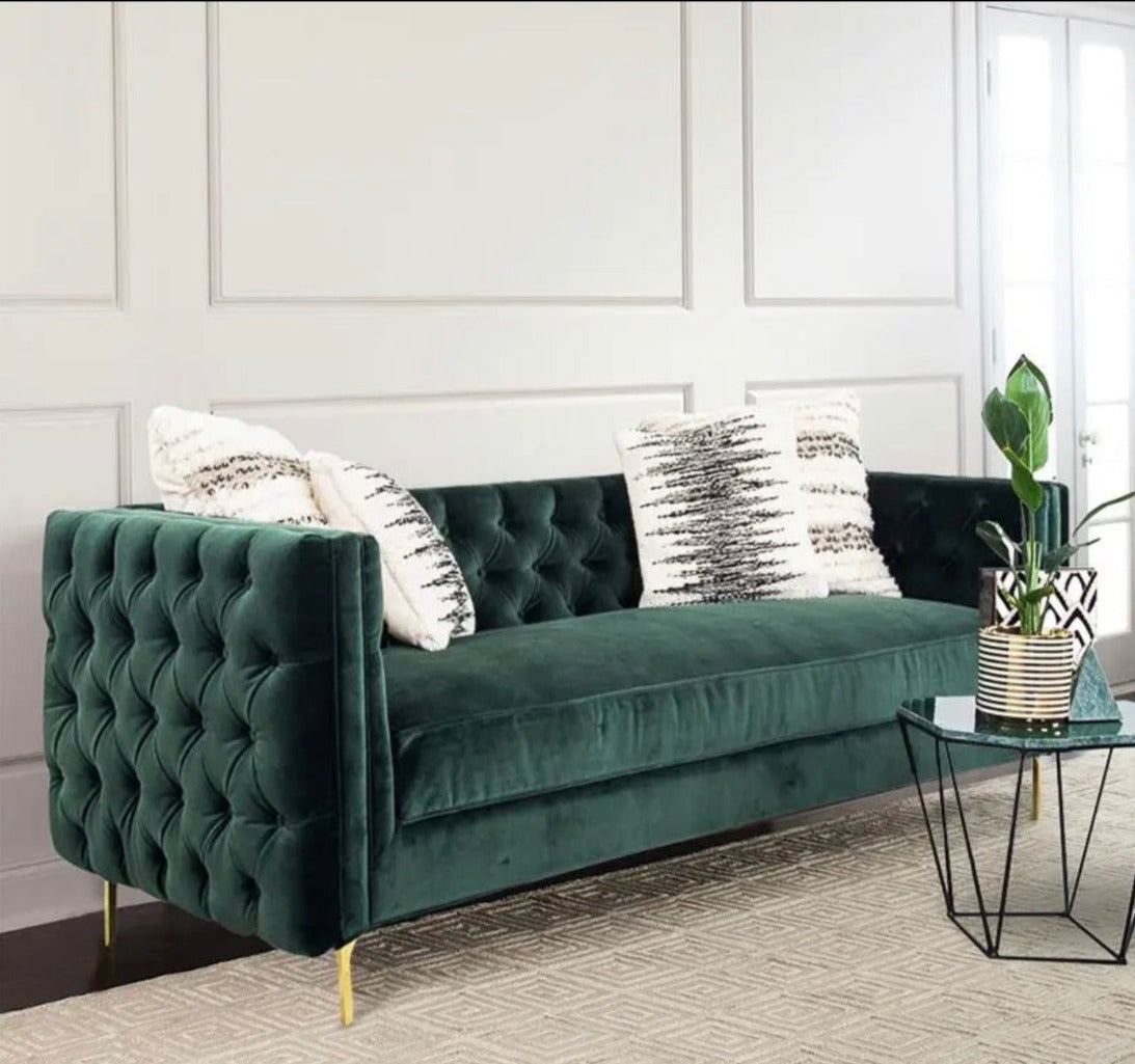 2 Seater Sofa Gold Stainless Steel Base Tufted Green Velvet Button Living Room Office Hotel Safa Design