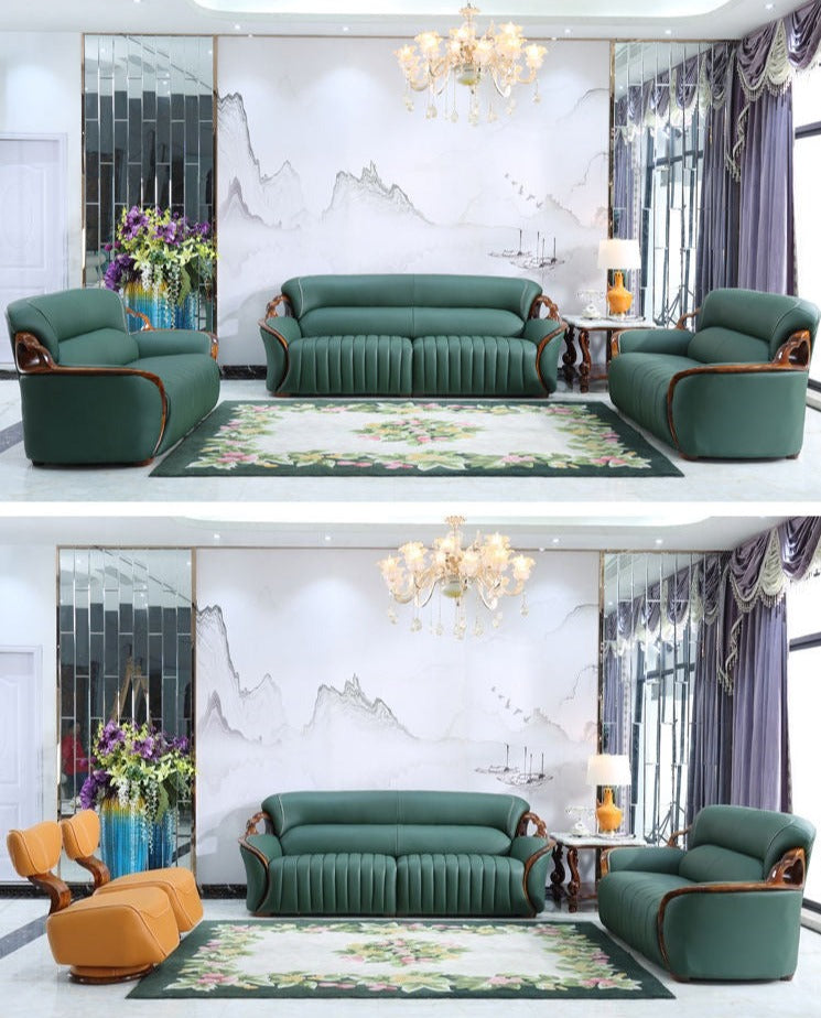 Fall Winter American Sofa Design 3+2+1 Ebony Solid Wood Leather Modern Living Room Green Sofa Set