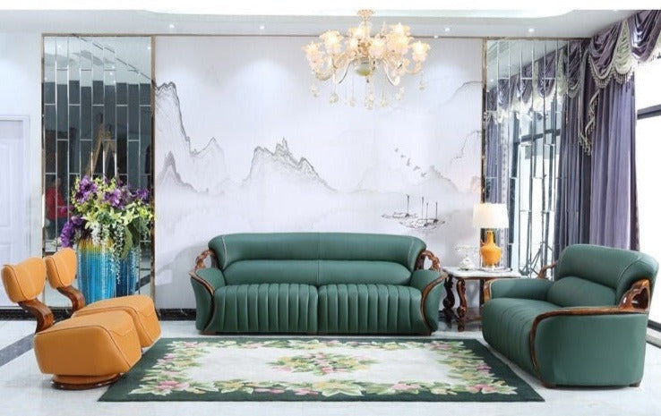 Fall Winter American Sofa Design 3+2+1 Ebony Solid Wood Leather Modern Living Room Green Sofa Set