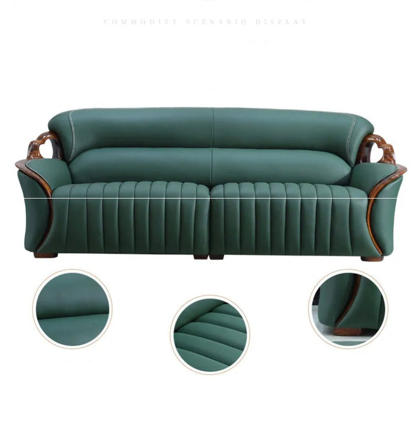 Fall Winter American Sofa Design 3+2+1 Ebony Solid Wood Leather Modern Living Room Green Sofa Set