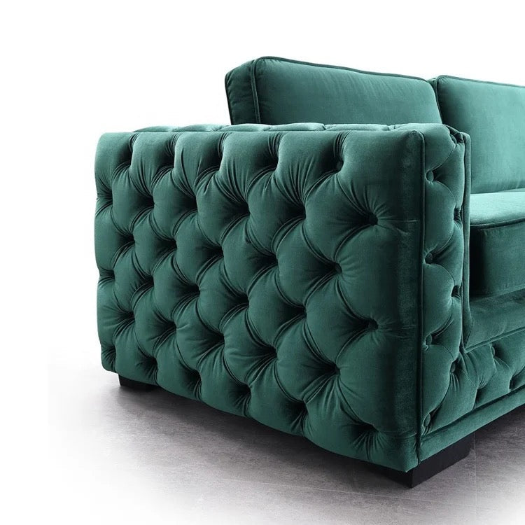 Green Velvet L-Shaped Modular Sofa with Deep Tufted Buttons Living Room Furniture Sofa