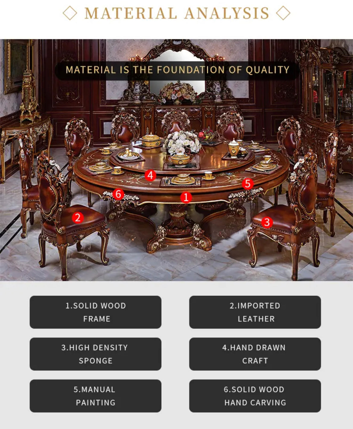 Table sculptée de luxe pour salle à manger, Design baroque français, ensemble de Style Antique fait à la main