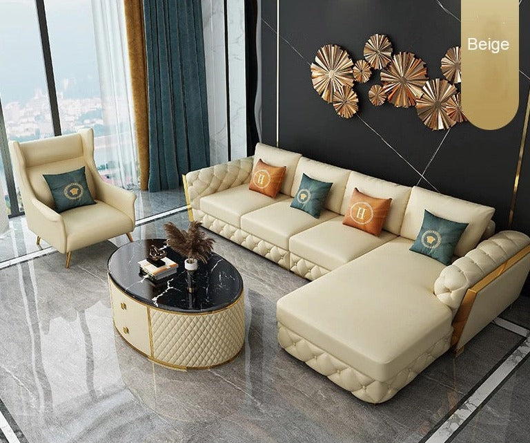 L- Shaped Sofa Fall Winter Modern Soft Circular Luxury Sofa Design Cowhide Green Sofa