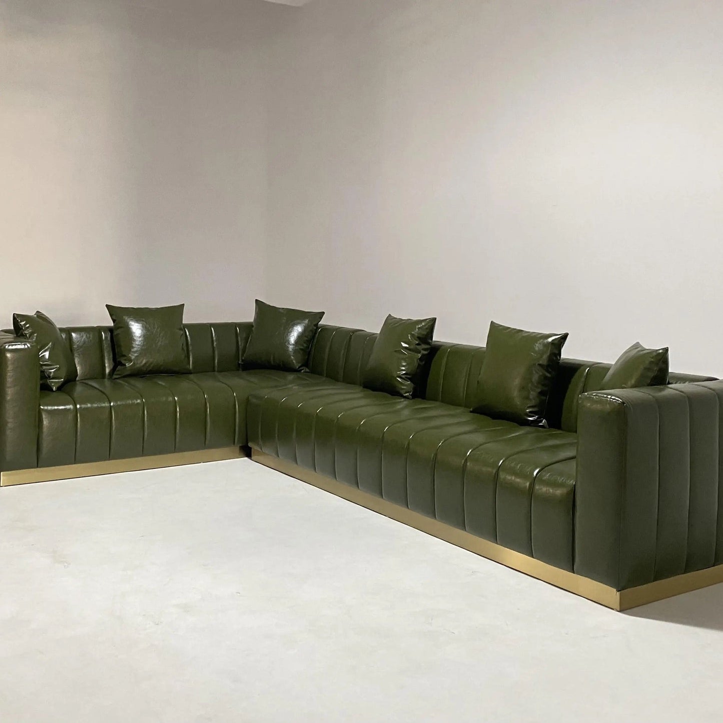 L Shaped Sofa Green Leather Upholstery Sectional Sofa Set Fall Winter Interior Design