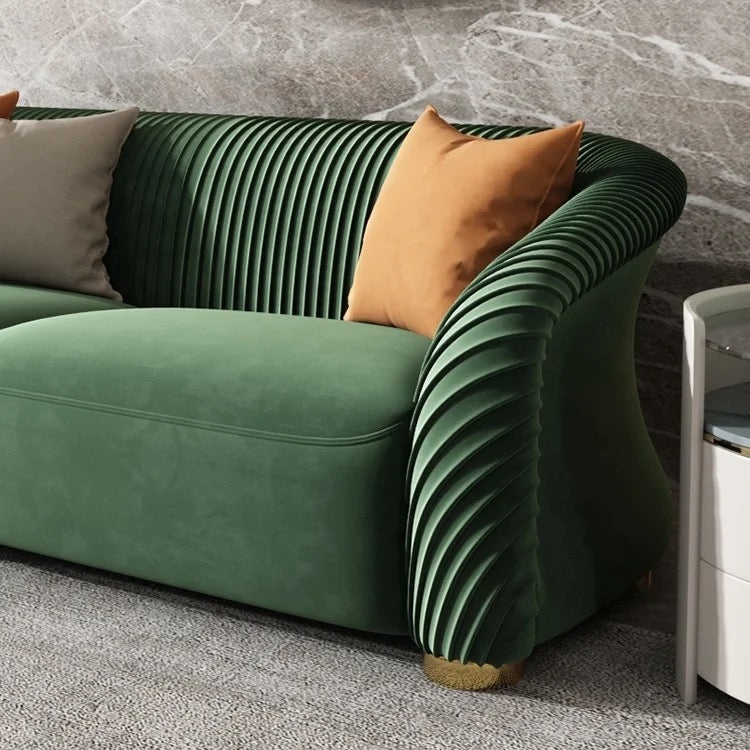 3+2+1 Sofa Set Exquisitely Curved Design Seaming Back Brass Base Green Velvet Sofas