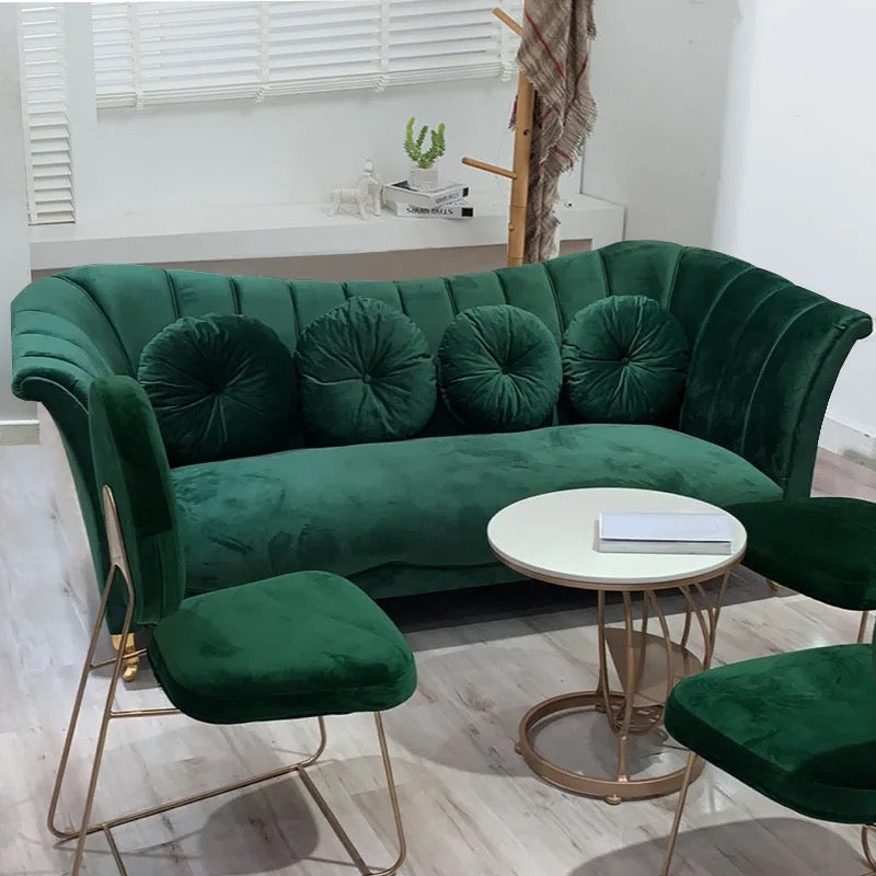 3 Seater Emerald Green Crease Velvet Tufted Upholstered Sofa Quality Curved Living Room Sofa