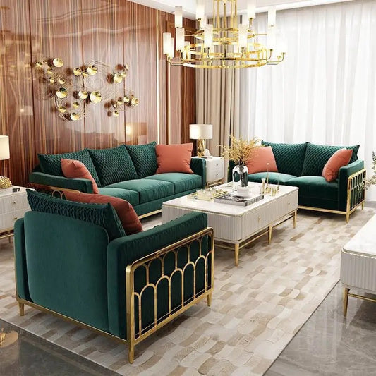 Sofá de aleación, sala de estar europea, conjunto de sofás seccionales de terciopelo moderno verde 