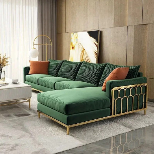 L-Shaped Alloy Sofa Living Room Green Modern Velvet Sectional Sofa Set