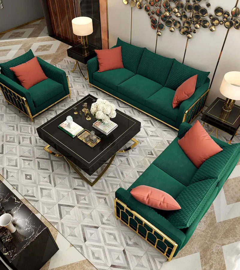 L-Shaped Alloy Sofa Living Room Green Modern Velvet Sectional Sofa Set