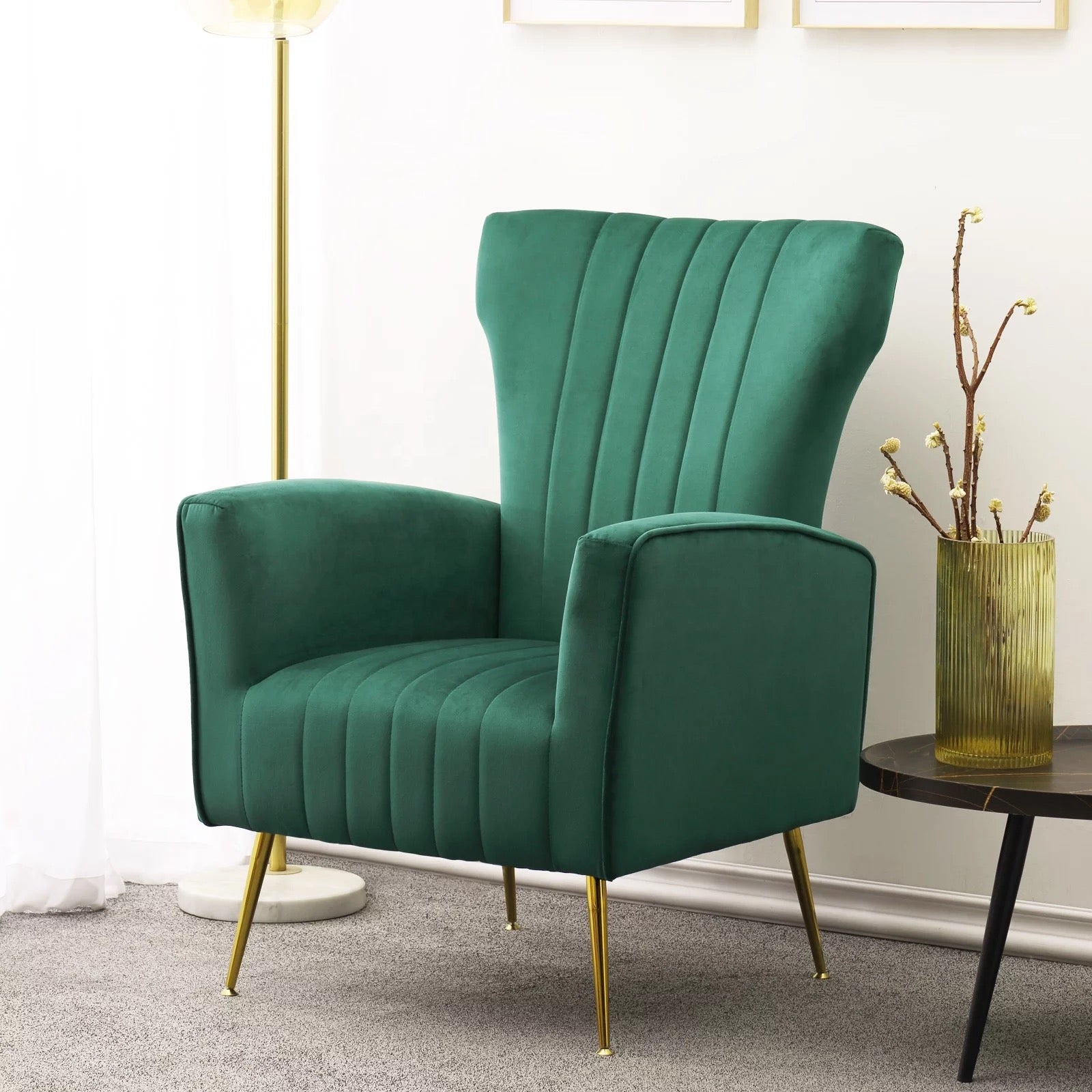 Armchair White Green Velvet Fabric Gold Metal Legs Accent Wing Chair