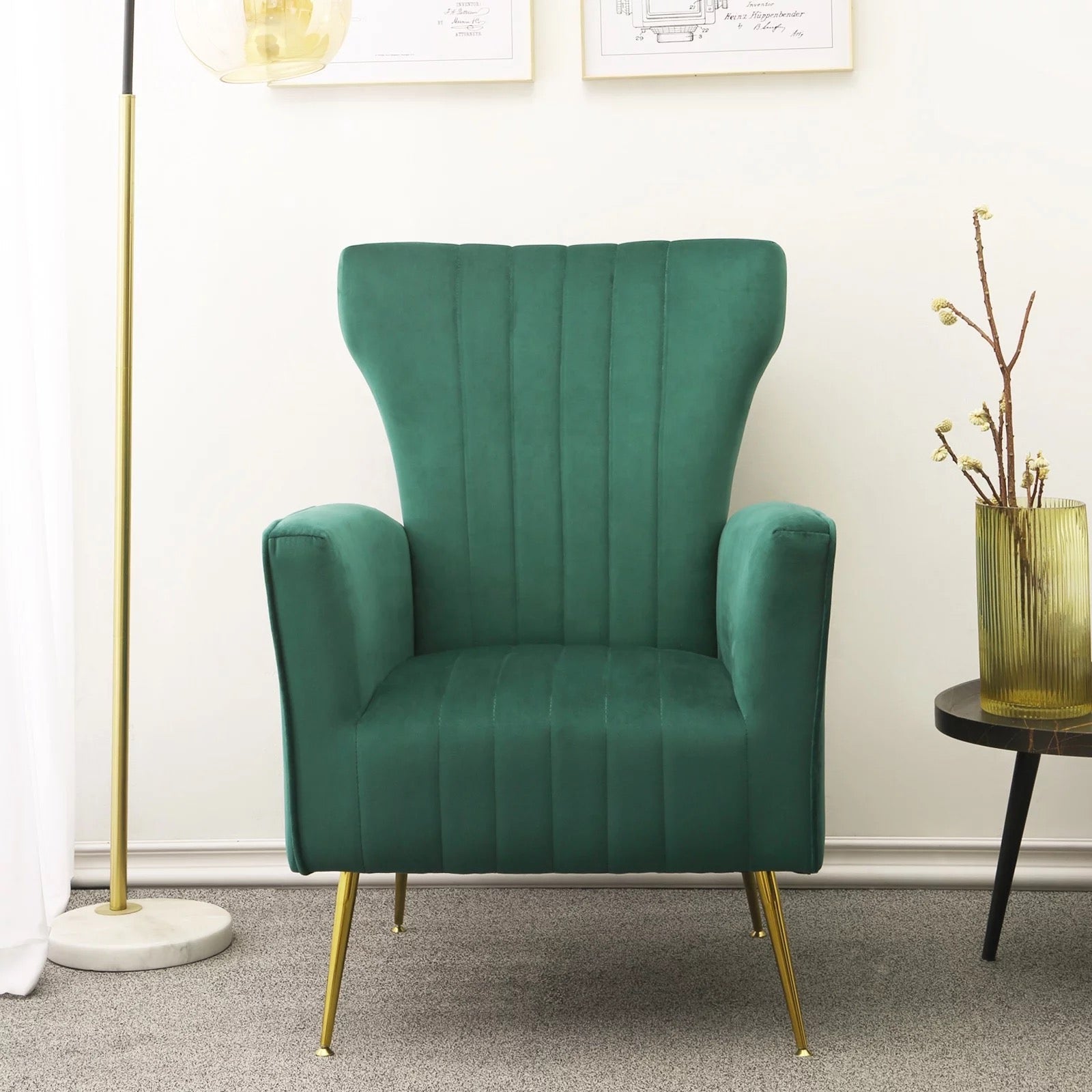 Armchair White Green Velvet Fabric Gold Metal Legs Accent Wing Chair