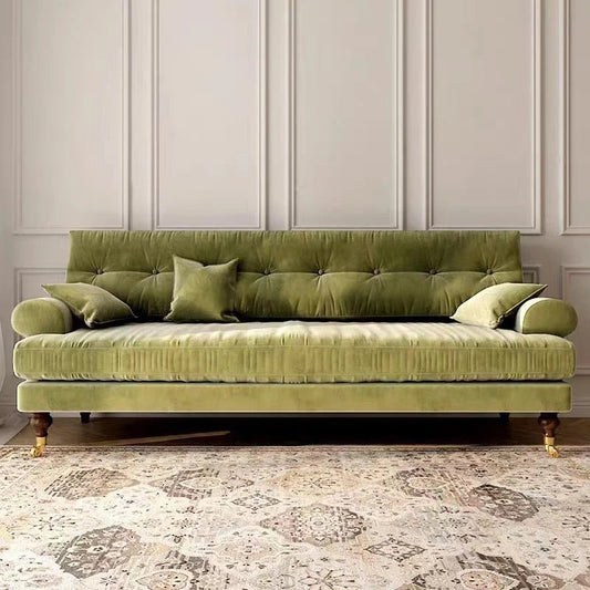 French Vintage Sitting Room Furniture Green Caramel Deep Buttoned Back Velvet Sofa