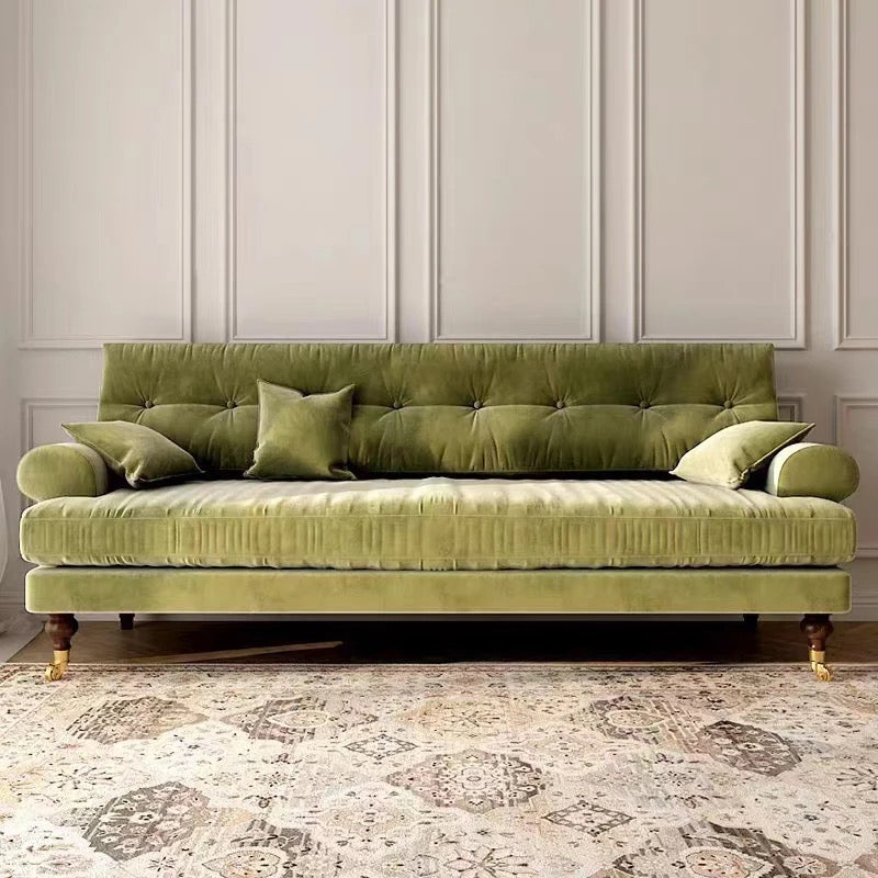 French Vintage Sitting Room Furniture Green Caramel Deep Buttoned Back Velvet Sofa