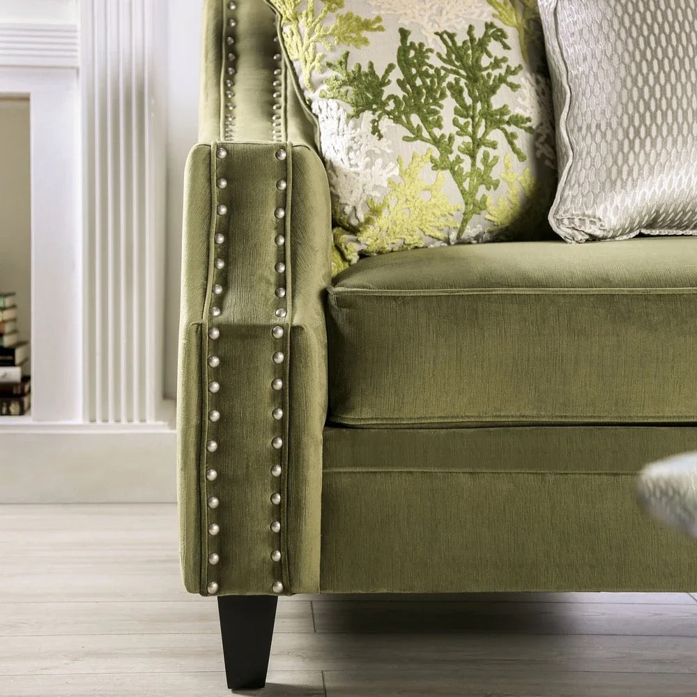 Fall Winter's Nailhead Trim Traces Traditional Green Solid Wood Padded Sofa Design