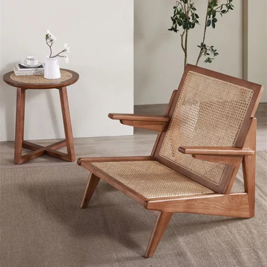 Chaise longue en bois massif, fauteuil en bois et rotin 