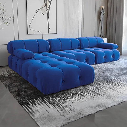 Canapé en forme de L en tissu velours de luxe, grands canapés modulaires en mousse haute densité, Design automne-hiver