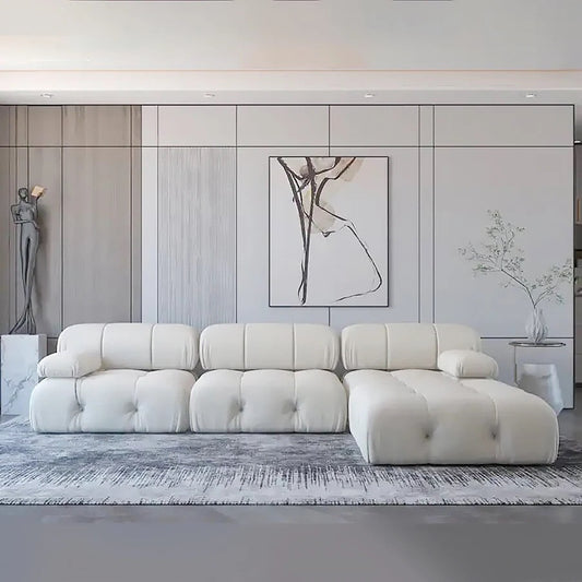Canapé en forme de L en tissu velours de luxe, grands canapés modulaires en mousse haute densité, Design automne-hiver