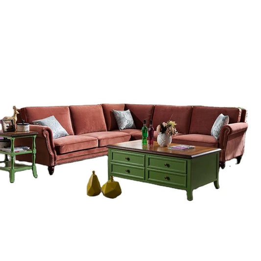 Canapé en forme de L de style américain, sectionnel, vert, rouge, vintage 