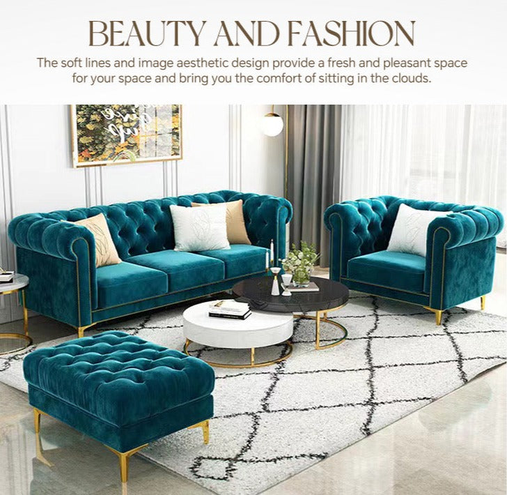 3+2+1 Modern Velvet Fabric Tufted Salon Sofa Set High Quality Chesterfield Living Room Sofas