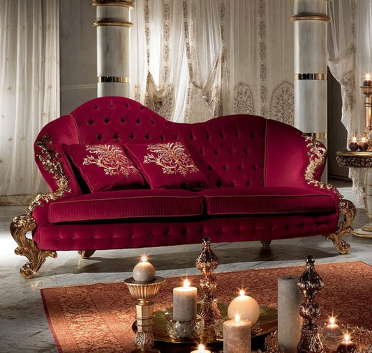 3 Seater Sofa Luxury Classic Baroque Red Velvet Salon Sofa