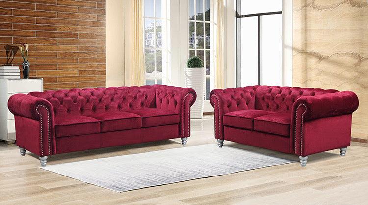 Velvet Chesterfield Sofa Brick Red Velvet Fabric Salon Couch