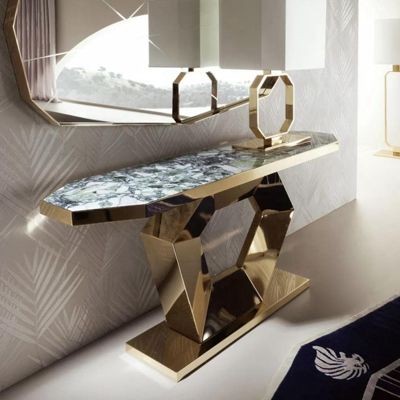 Consola de muebles de interior de lujo, mesa de pasillo dorada con espejo