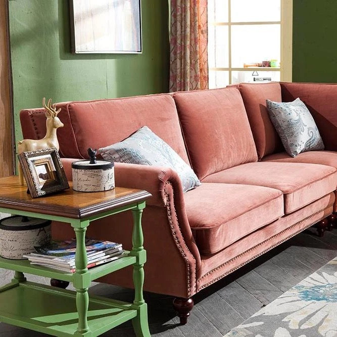 Canapé en forme de L de style américain, sectionnel, vert, rouge, vintage 