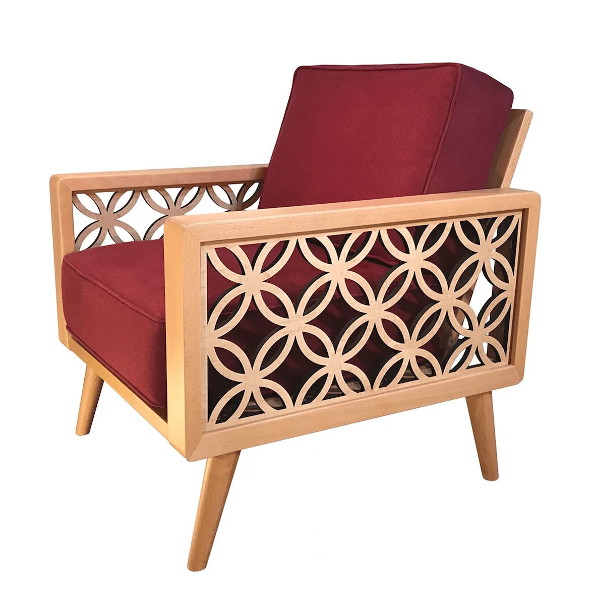 Arm Chair Interlaced Circles Mid Century Luxury Red Velvet Wooden Cushion Armchair