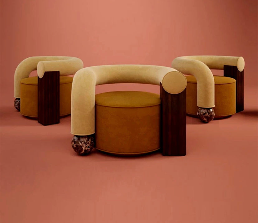 Accent Sofa Chair Unique Design Marble Wood Velvet Round Single Salon Arm Chair