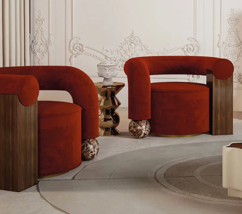 Accent Sofa Chair Unique Design Marble Wood Velvet Round Single Salon Arm Chair