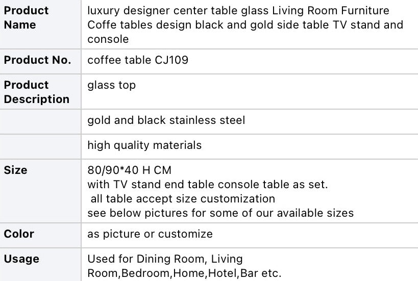 Glass Table Designer Center Black Gold Side Coffee Table