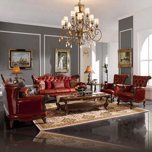 Living Room Set American Baroque Luxury Sectional Sofa Genuine Leather Solid Wood Carving Sofa
