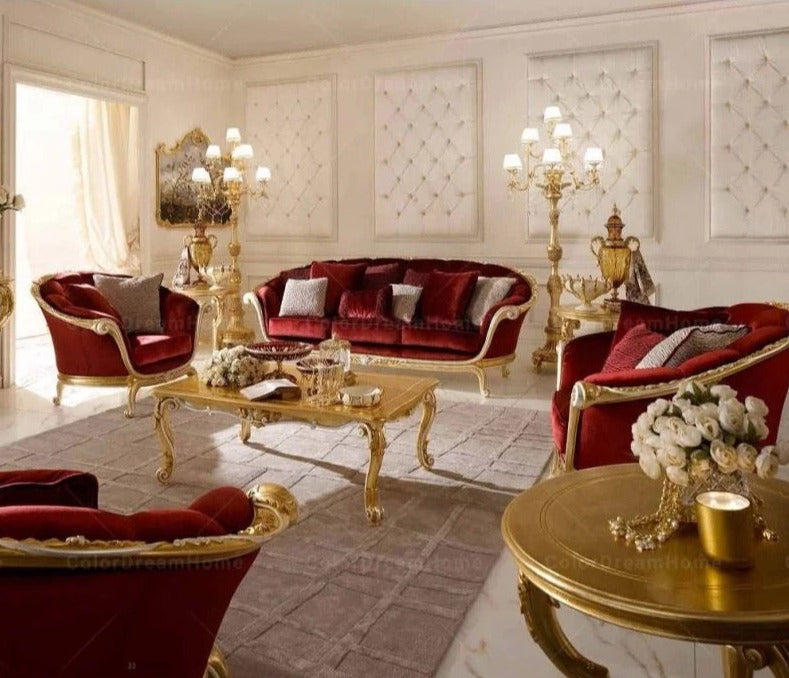 Baroque French Royal Red Velvet 3+2+1 Sofa Living Room Salon Luxury Furniture