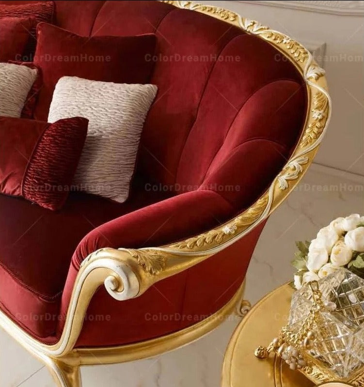 Baroque French Royal Red Velvet 3+2+1 Sofa Living Room Salon Luxury Furniture