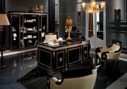 Muebles de diseño de oficina Estante de libros francés Diseño de oficina de madera negro de lujo clásico 