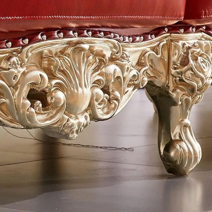 1 Seater Sofa Italian Luxury Red Genuine Leather Solid Wood Gold Foil Hand Carving Sofa