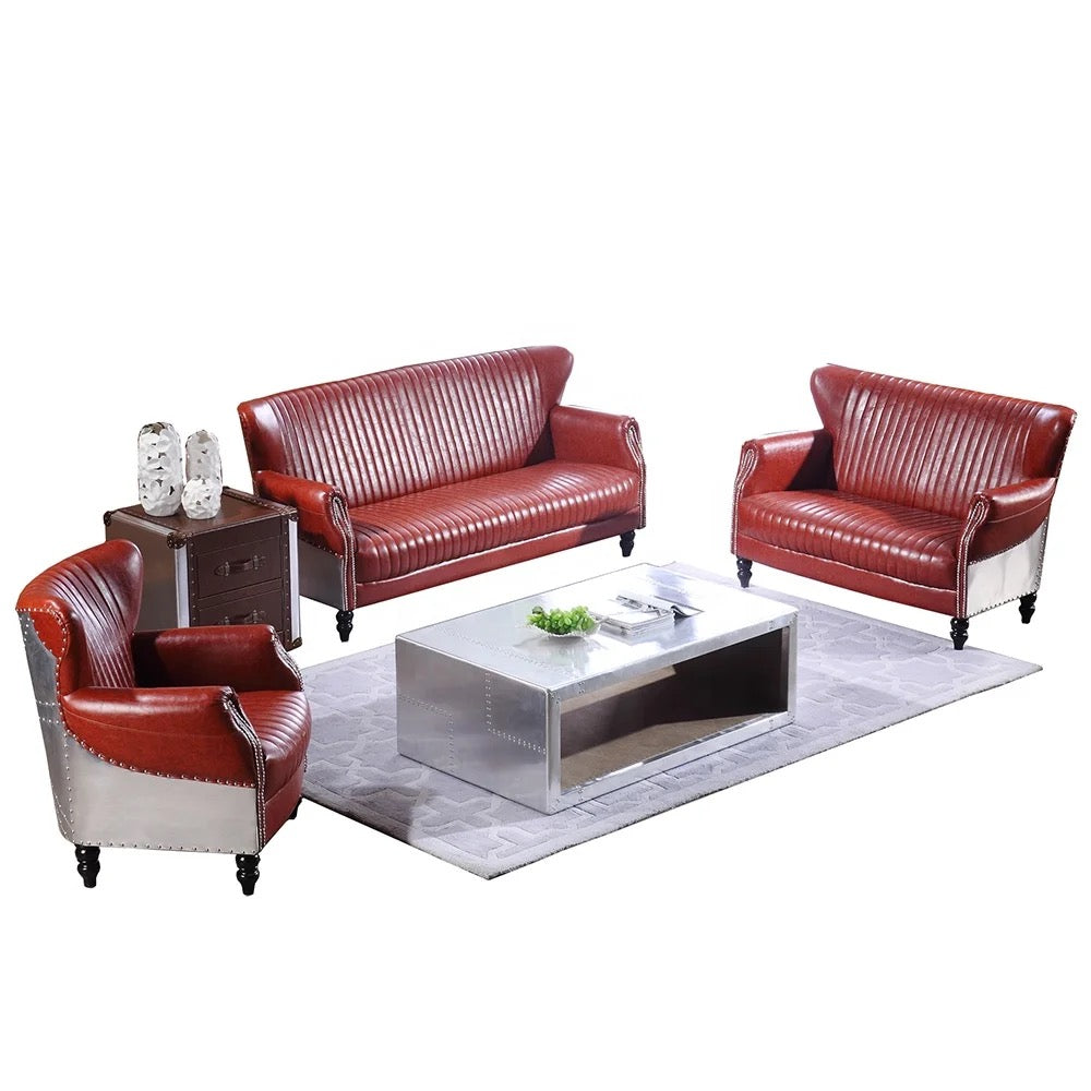 3+2+1 Sofa Set Aviator Aluminum Red Leather Chesterfield Sofa Classic Living Room Salon Furniture Set