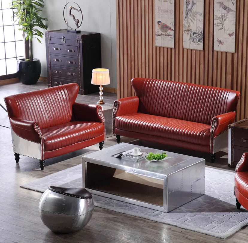 3+2+1 Sofa Set Aviator Aluminum Red Leather Chesterfield Sofa Classic Living Room Salon Furniture Set