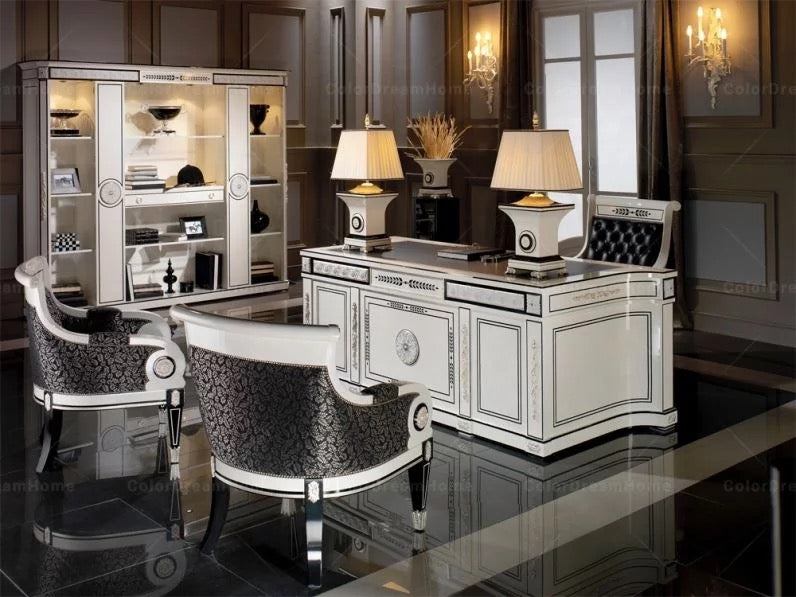Diseño de sala de oficina Muebles de oficina blancos clásicos Diseño de oficina de lujo tallado a mano 