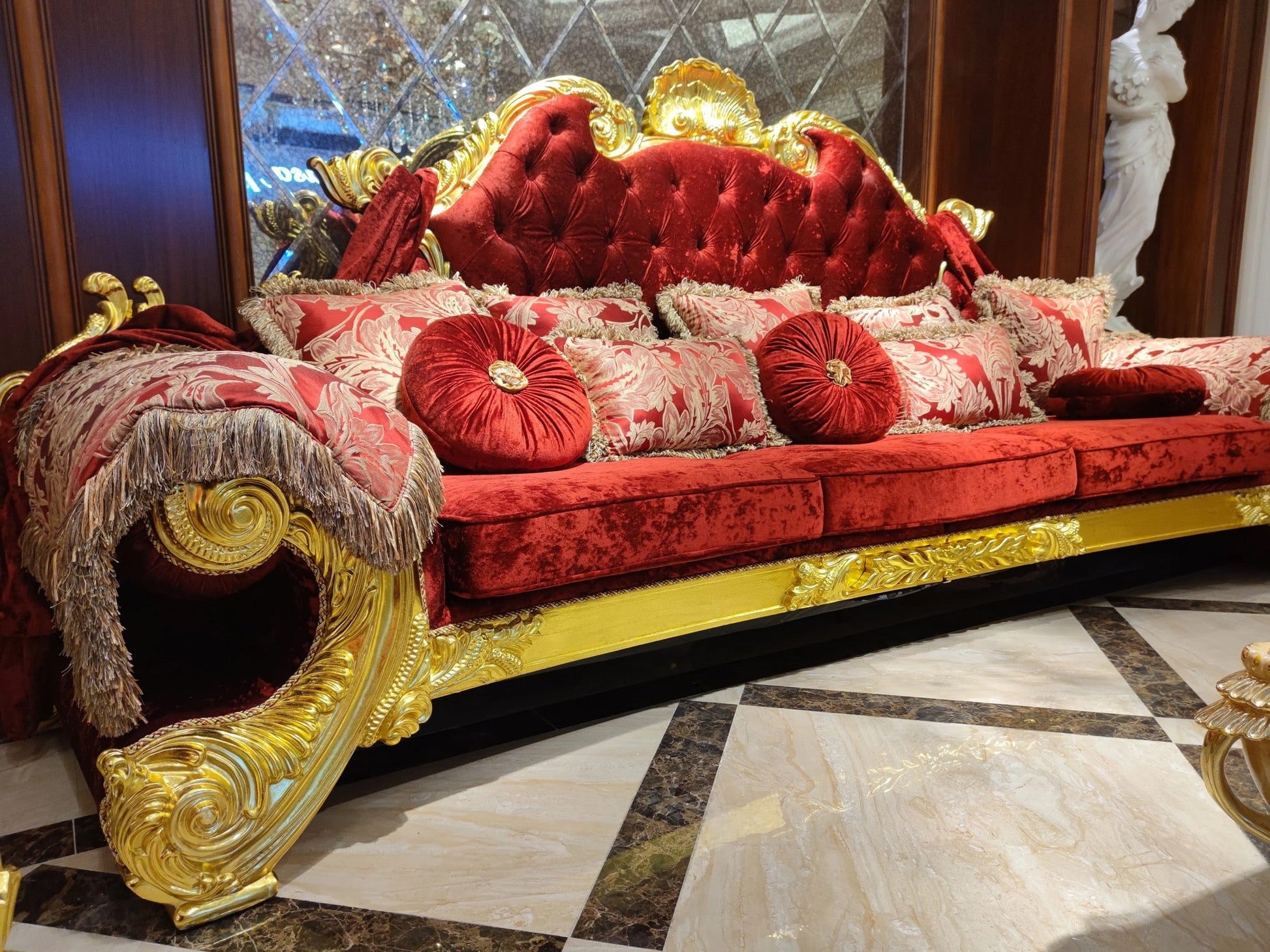 French Royal Chesterfield Luxury Couch Gold Red Living Room Wooden Baroque Sofa Set
