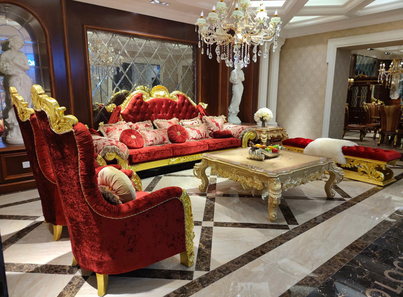 French Royal Chesterfield Luxury Couch Gold Red Living Room Wooden Baroque Sofa Set