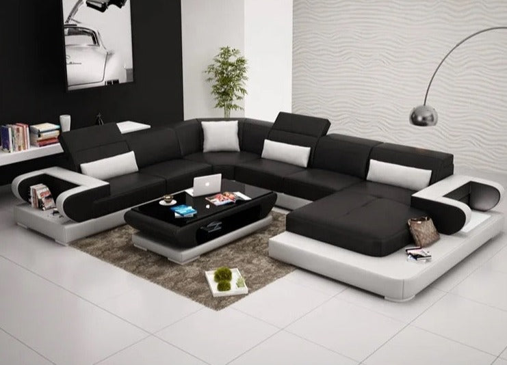 L Shaped Red and Black Genuine Leather Sofa Living Room Furniture Salon Sofa Set