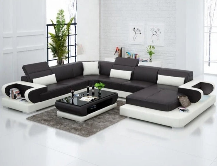 L Shaped Red and Black Genuine Leather Sofa Living Room Furniture Salon Sofa Set