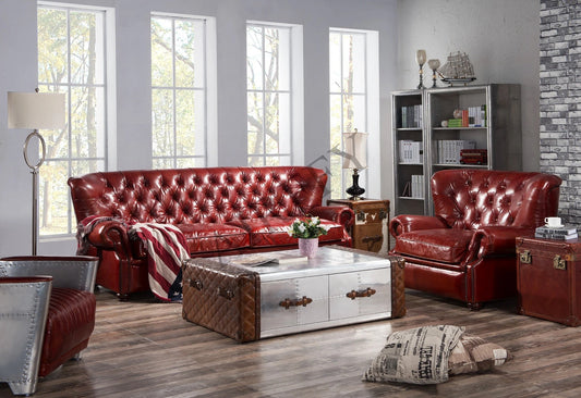 Conjunto de sofás Chesterfield de cuero rojo vintage con respaldo alto, muebles de salón