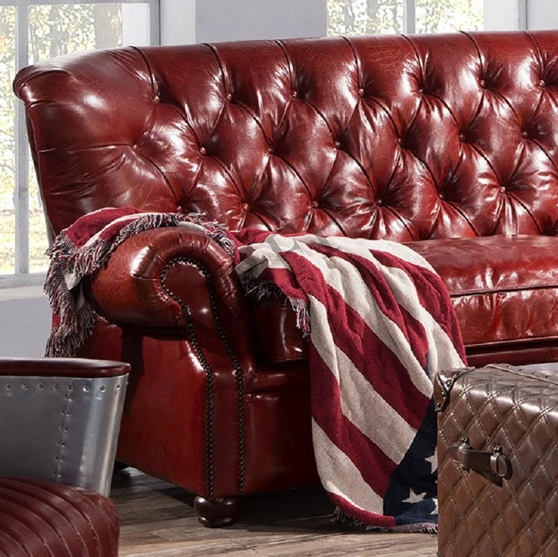 Canapé en cuir Chesterfield à dossier haut rouge vintage, ensemble de meubles de salon