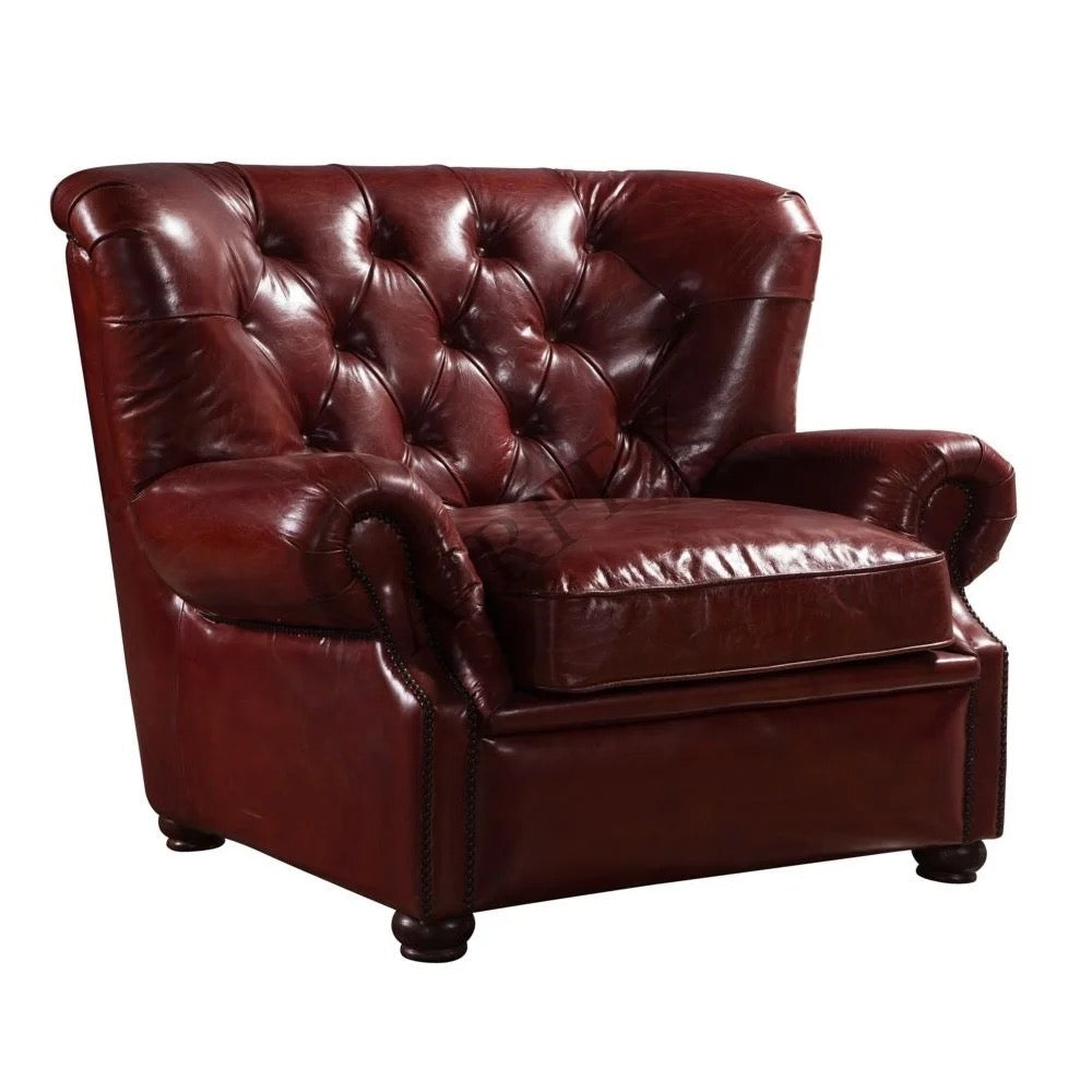 Conjunto de sofás Chesterfield de cuero rojo vintage con respaldo alto, muebles de salón