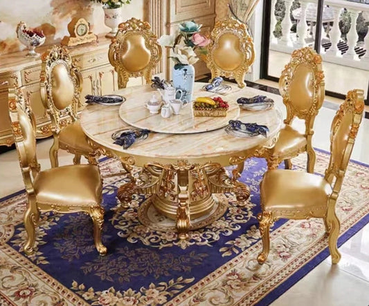 Mesa redonda de comedor, mesa de comedor tallada a mano con lámina dorada de estilo francés