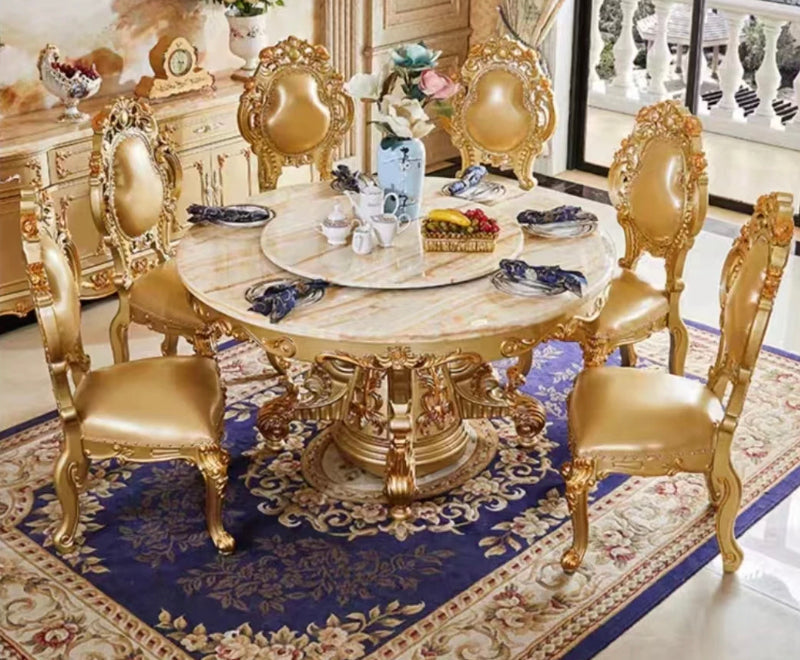 Dining Room Round Table French Style Golden Foil Hand Carved Dining Table